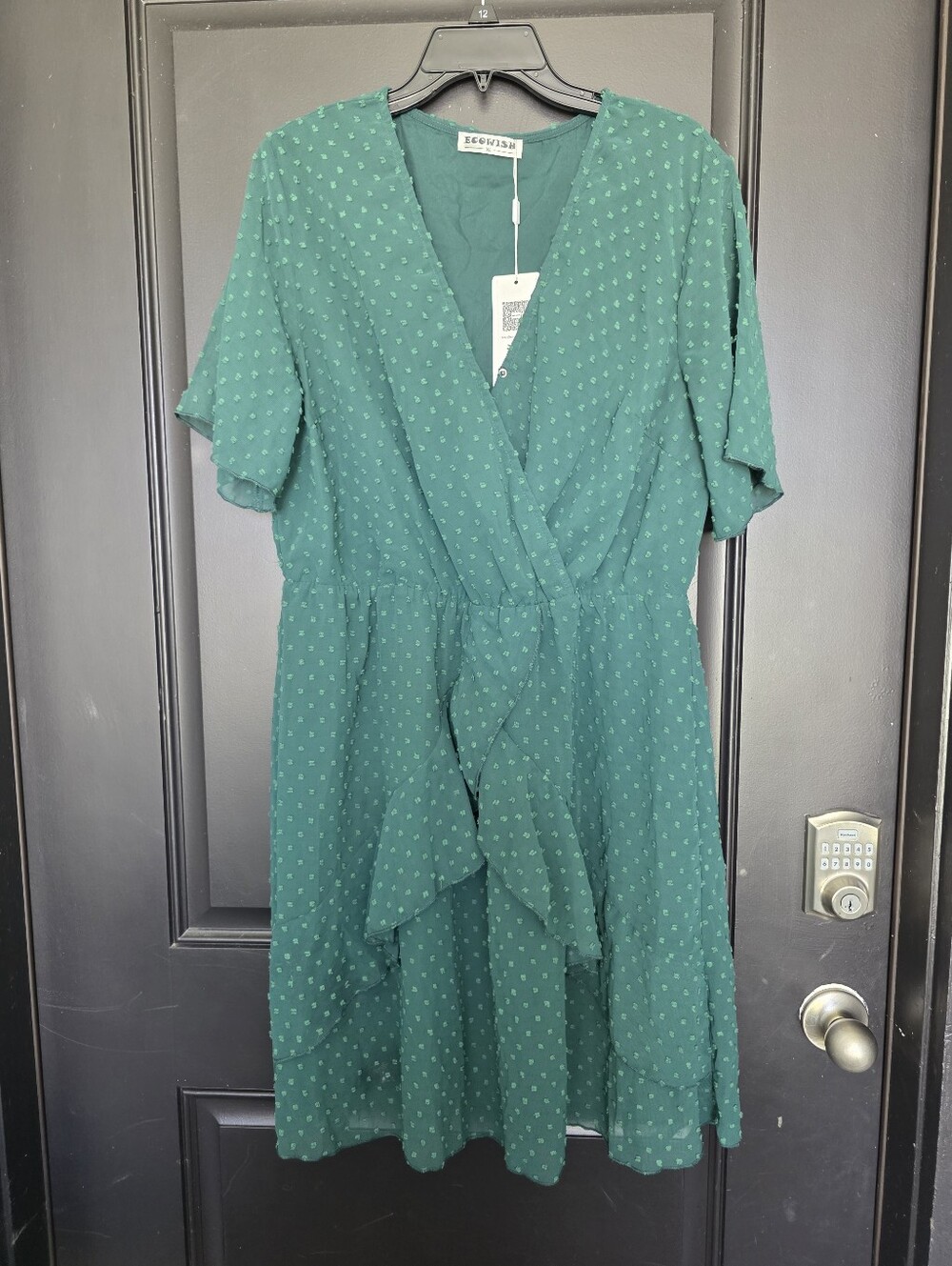 NWT Ecowish Green Swiss Dot Wrap Dress XL Ruffle V Neck Short Sleeve Midi